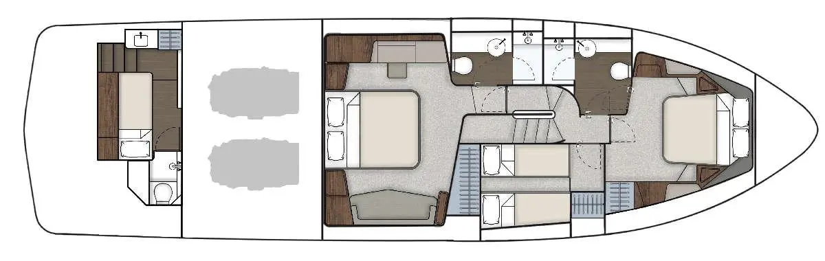 Layout of a yacht interior featuring two cabins, bathrooms, a living area, and a galley.